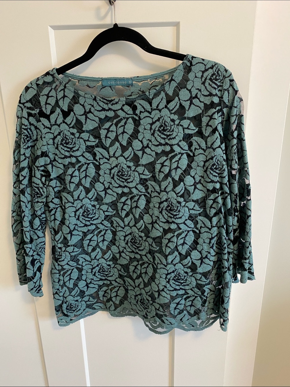 cut loose teal floral lace overlay long sleeve top